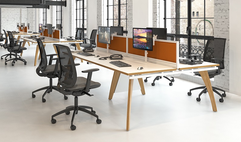 Bench Desk With Wooden Frame And Mesh Chairs In Office Building